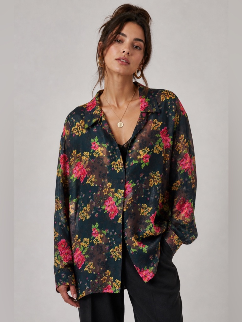 Vintage Bogari Silk Floral Blouse Black Pink Yellow Button Front Boho Shirt